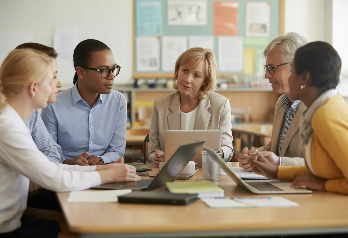 Een groep ouders en schoolmedewerkers zit samen aan een tafel in een school, in gesprek over passend onderwijs.