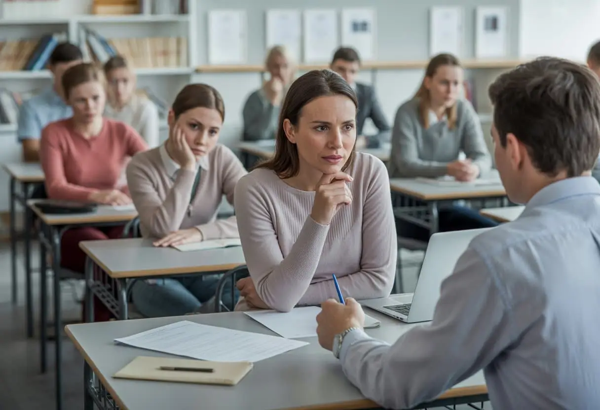 Studenten in een klaslokaal met een docent die een student helpt bij het bespreken van examenzaken.