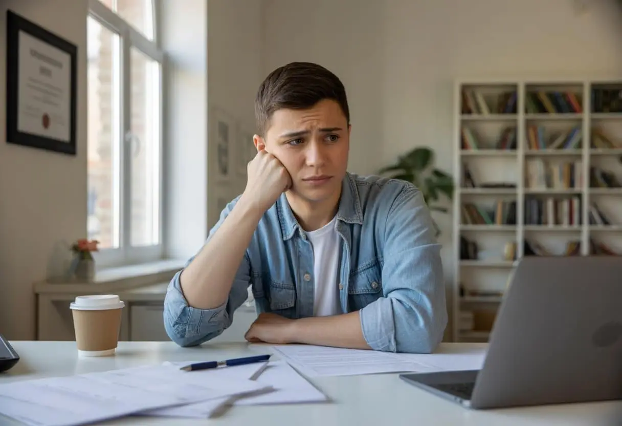 Een jonge student zit aan een bureau met examenvellen en een laptop, kijkt nadenkend en bezorgd in een lichte studiekamer.