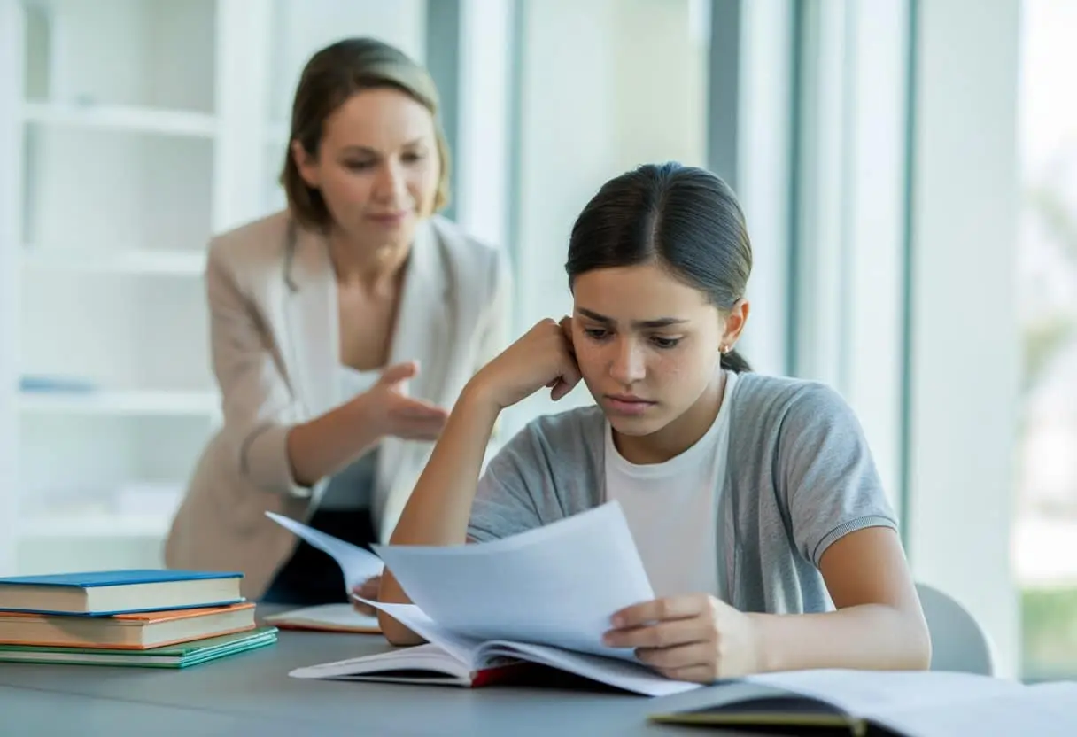Een jonge student die bezorgd examendocumenten bekijkt terwijl een docent advies geeft in een studieomgeving.