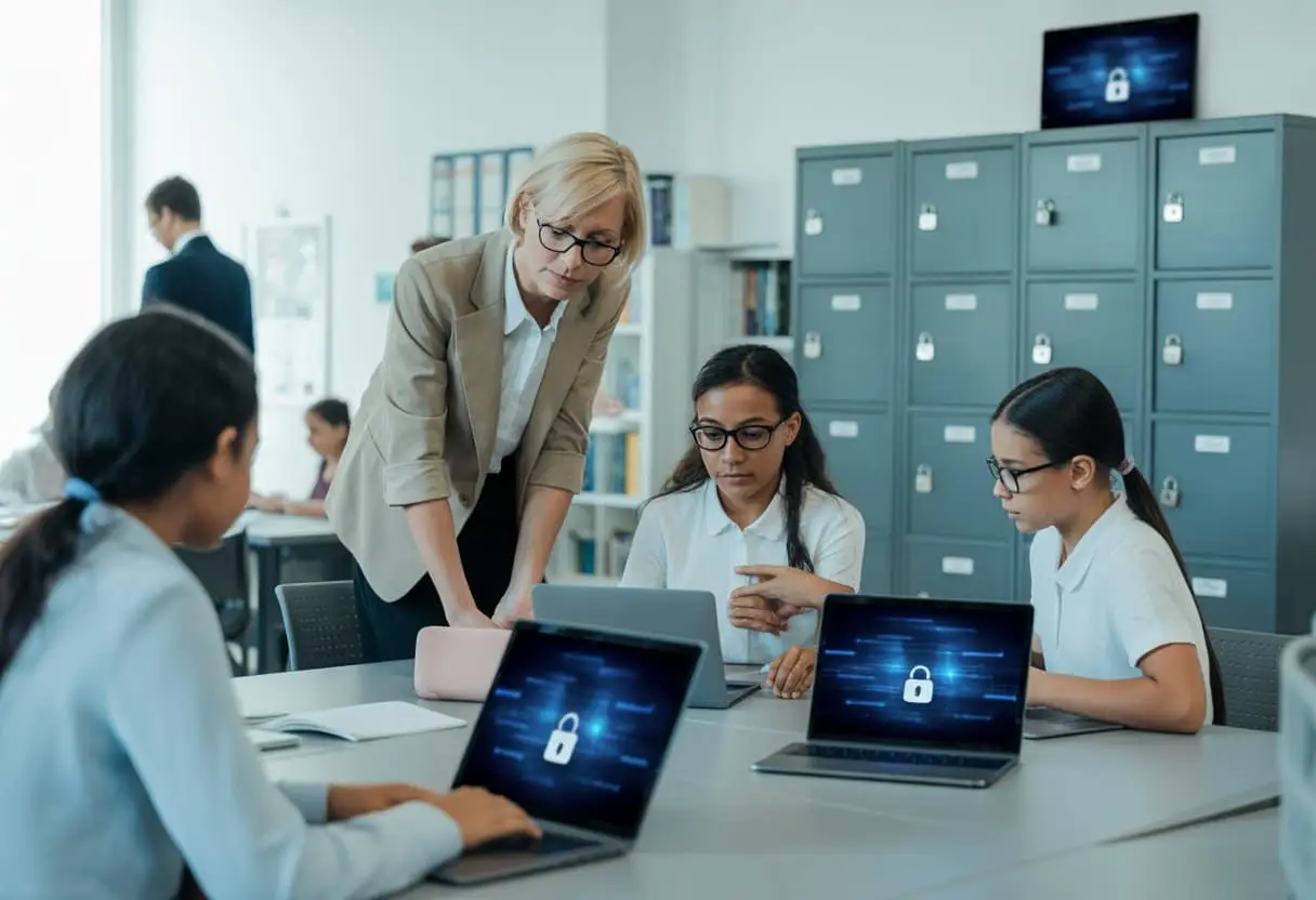 Onderwijs en privacy (AVG): hoe ver mag een school gaan? 1 Een klaslokaal of schoolkantoor met een leraar en leerlingen, waarbij digitale apparaten en beveiligde opslag zichtbaar zijn om privacy en bescherming van leerlinggegevens te tonen.
