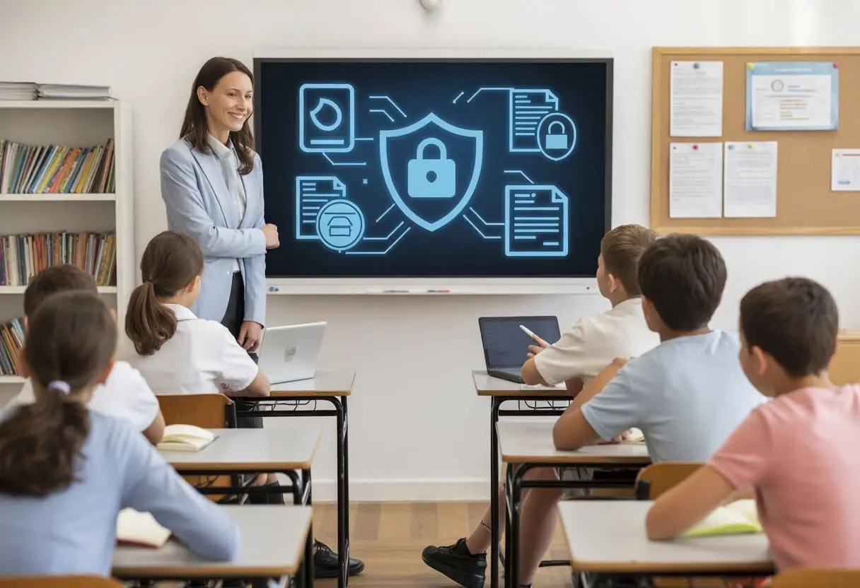 Onderwijs en privacy (AVG): hoe ver mag een school gaan? 2 Een leraar bespreekt met leerlingen in een klaslokaal over gegevensbescherming en privacy.
