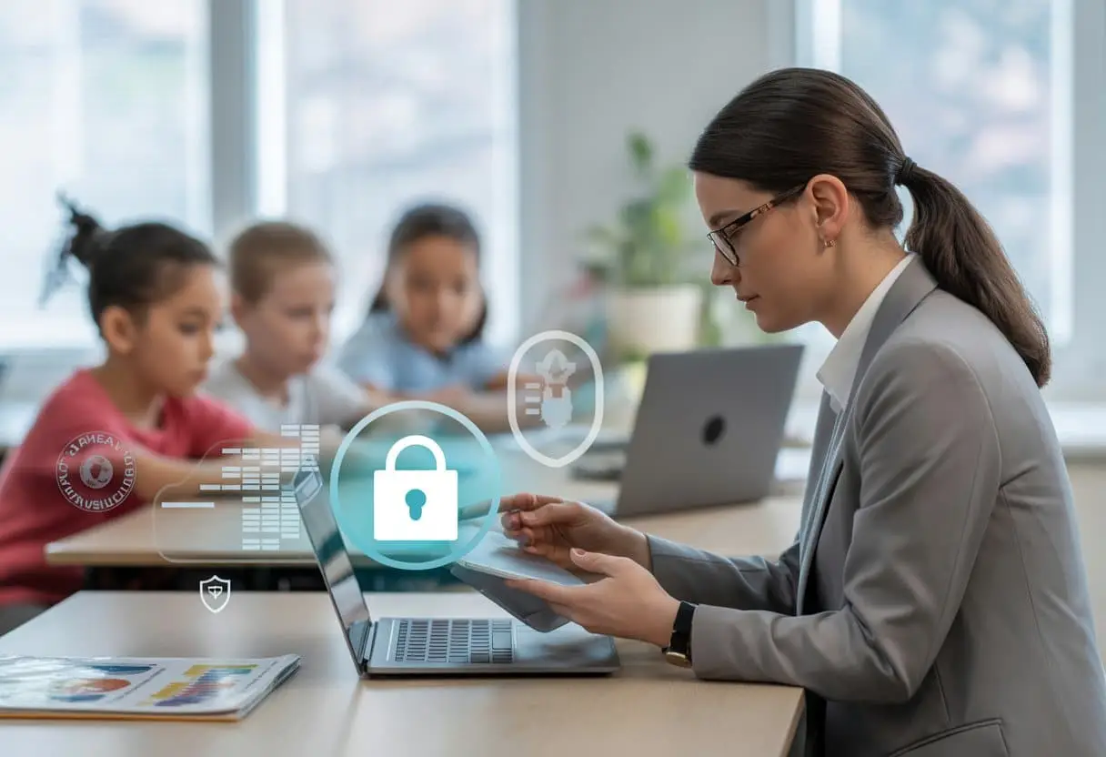 Onderwijs en privacy (AVG): hoe ver mag een school gaan? 3 Een leraar die in een klaslokaal op een laptop werkt terwijl leerlingen op de achtergrond zijn, met een sfeer van zorgvuldige omgang met leerlinggegevens.