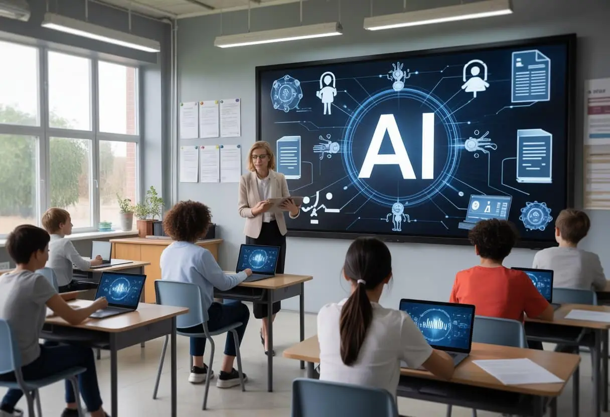 AI in het onderwijs: juridische aandachtspunten voor scholen 1 Een leraar en diverse leerlingen in een klaslokaal met digitale schermen die AI-gerelateerde afbeeldingen tonen, waarbij ze samenwerken aan het gebruik van AI in het onderwijs.