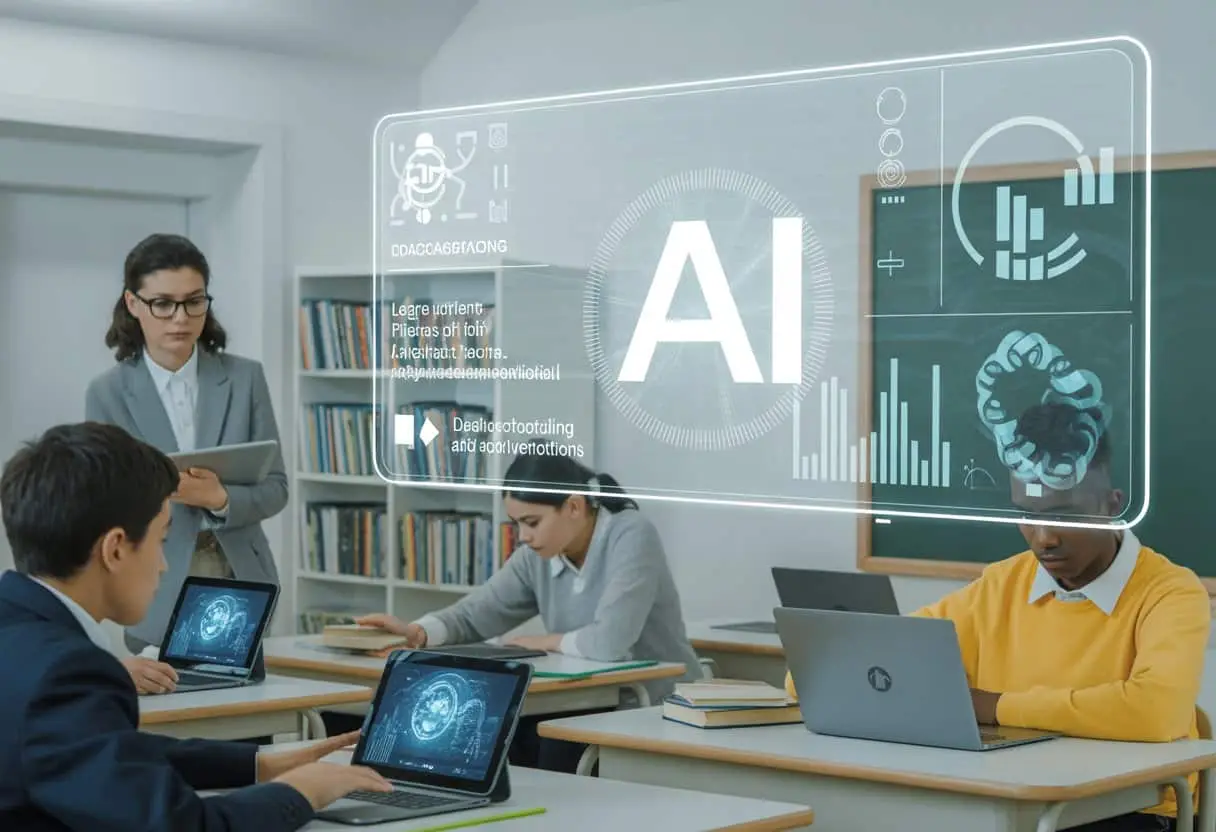 AI in het onderwijs: juridische aandachtspunten voor scholen 3 Een klaslokaal waar leerlingen en een docent met digitale apparaten werken, met een transparant scherm waarop symbolen van AI en juridische overwegingen zichtbaar zijn.