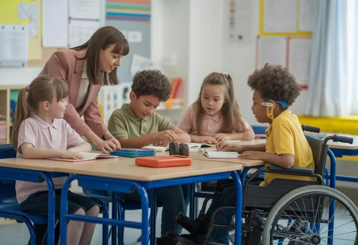 Een klaslokaal met diverse leerlingen, waaronder een leerling in een rolstoel en een met een gehoorapparaat, die samen met hun klasgenoten en een docent samenwerken.