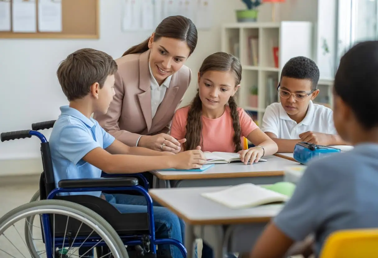 Een diverse klas met leerlingen, waaronder een leerling in een rolstoel en een leerling met een gehoorapparaat, die samen met een leraar in een heldere klaslokaal samenwerken.