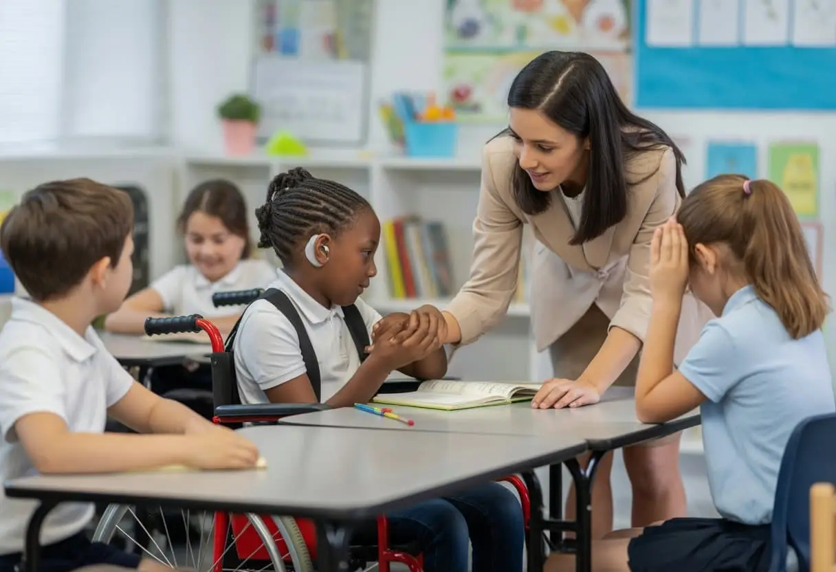 Een klaslokaal met diverse leerlingen, waaronder kinderen met een beperking, die samen leren onder begeleiding van een leraar.