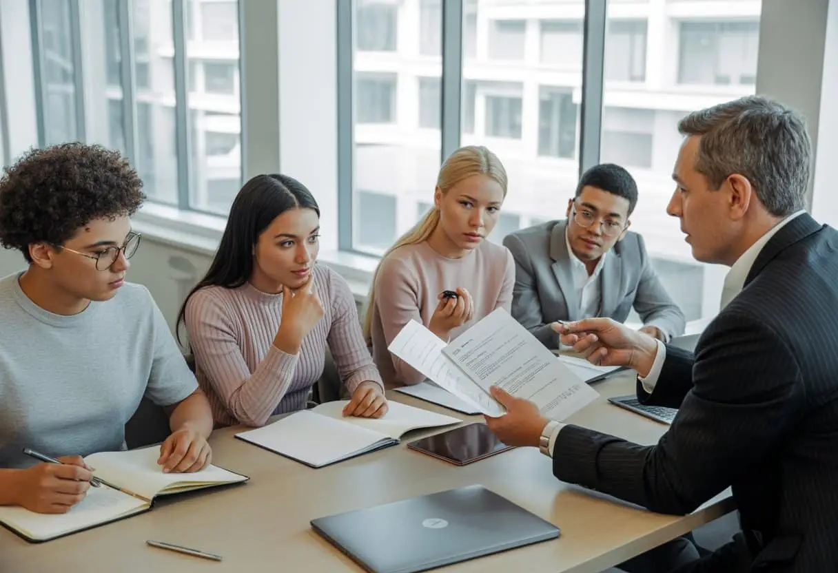 Een groep studenten en een juridisch adviseur bespreken documenten in een moderne onderwijsomgeving.