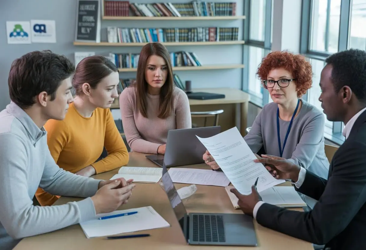 Een groep studenten en een adviseur bespreken documenten in een moderne universitaire studieruimte.