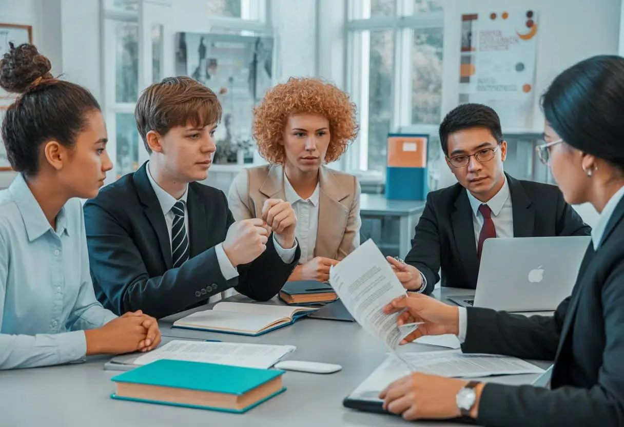 Een diverse groep studenten en een juridisch adviseur zitten samen aan een tafel in een moderne onderwijsomgeving, bezig met overleg over juridische rechten van studenten.