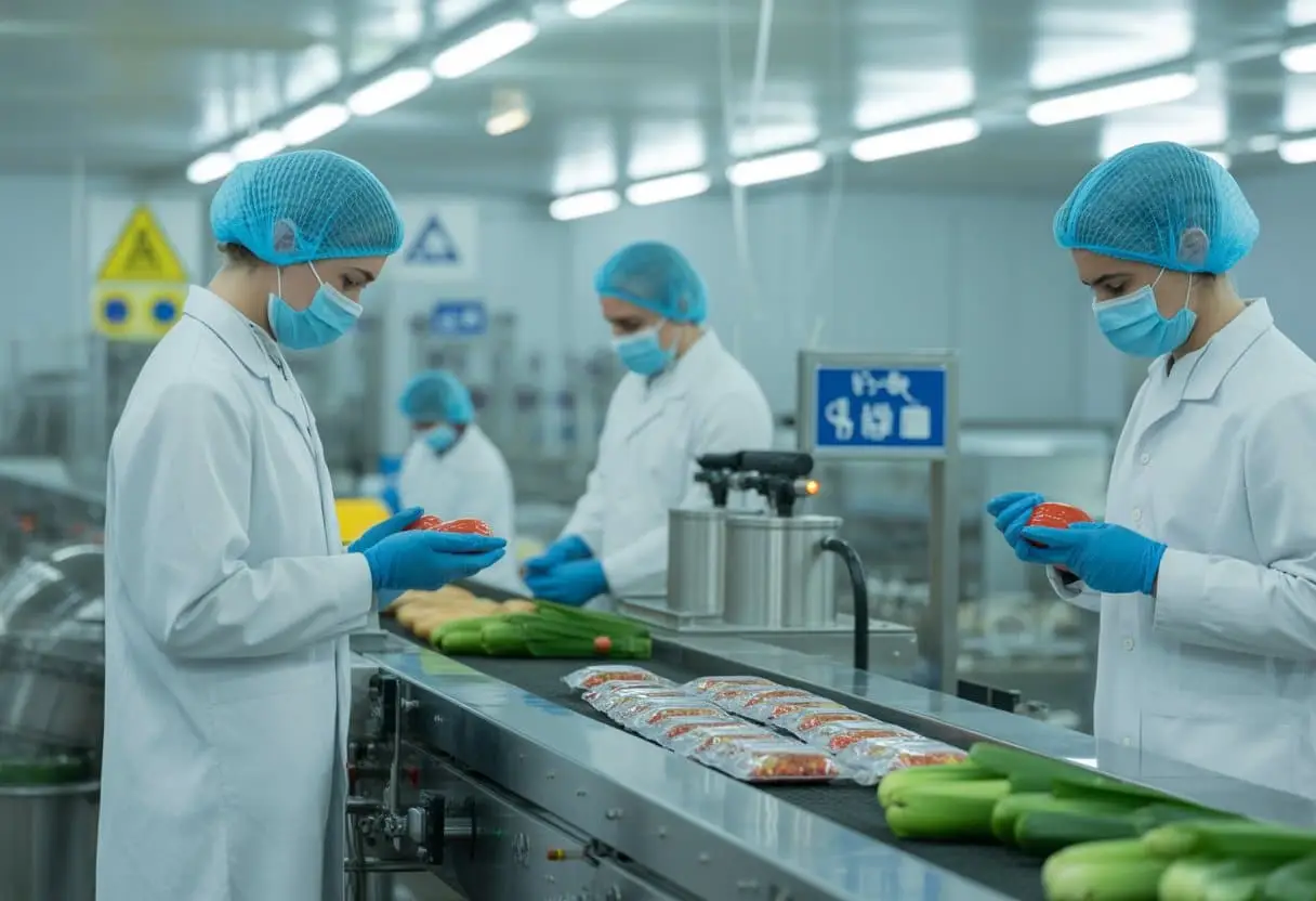 Medewerkers in beschermende kleding inspecteren voedsel in een moderne productiefaciliteit voor voedselveiligheid.