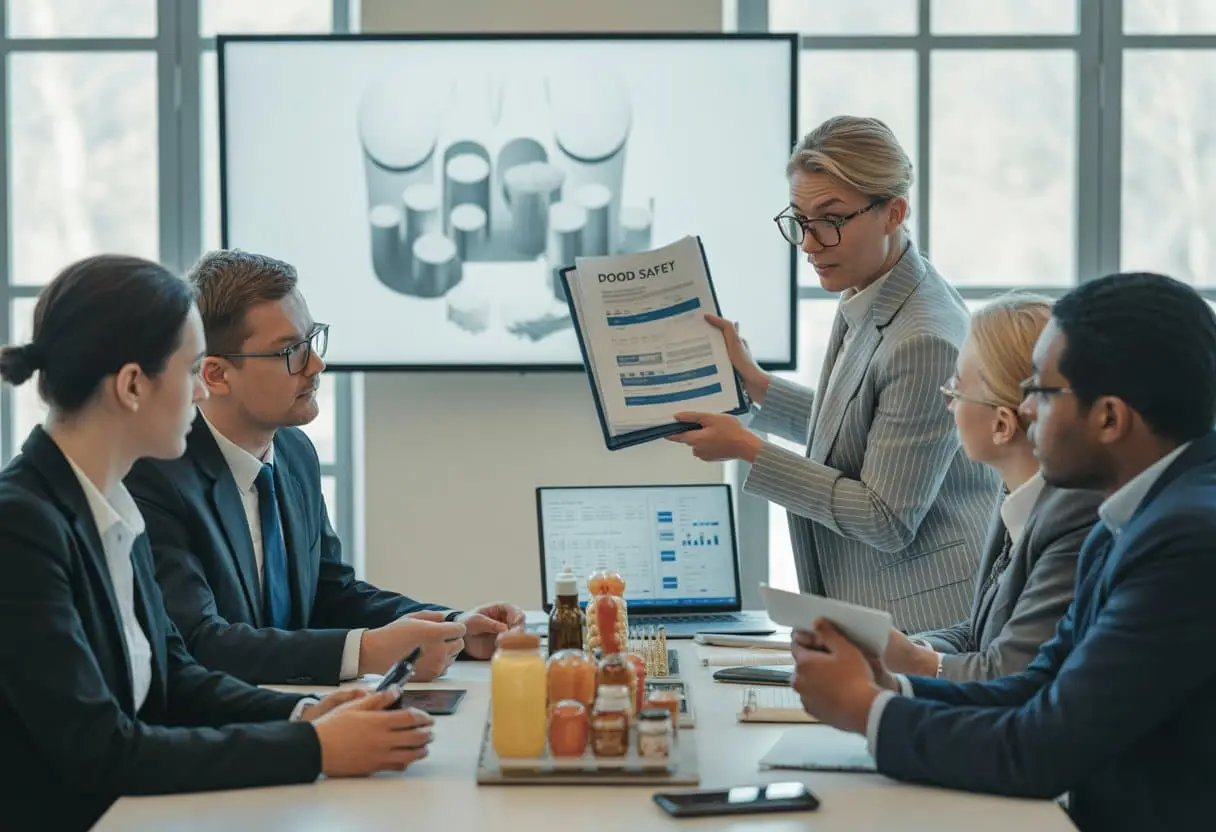 Een groep professionals bespreekt juridische plichten en voedselveiligheid in een kantooromgeving.