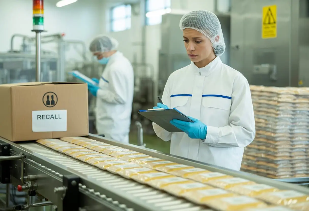 Een medewerker in een voedselproductiefaciliteit controleert verpakte voedingsmiddelen terwijl een doos met teruggeroepen producten wordt klaargemaakt.