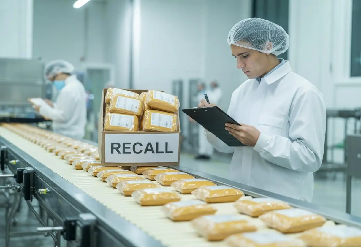 Een medewerker in een voedselproductiefaciliteit controleert verpakte voedingsmiddelen terwijl een doos met teruggeroepen producten zichtbaar is.