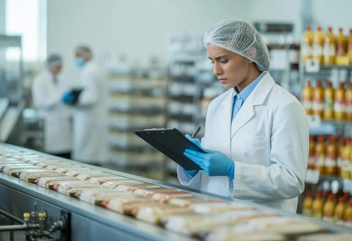 Een kwaliteitscontroleur in een voedselproductiefaciliteit inspecteert verpakte voedingsmiddelen op een lopende band.