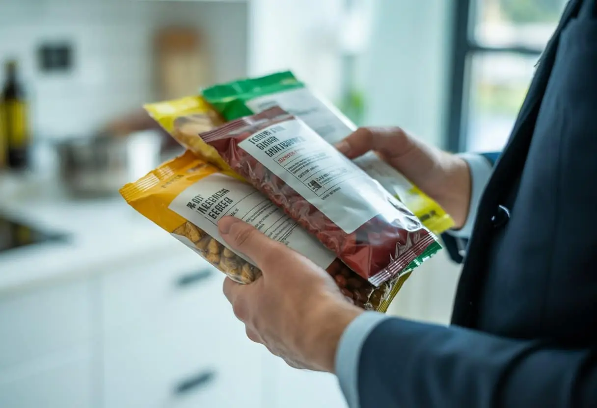 Etikettering van levensmiddelen: waar gaat het juridisch vaak mis? 1 Iemand bekijkt aandachtig verpakte levensmiddelen in een heldere, moderne omgeving.