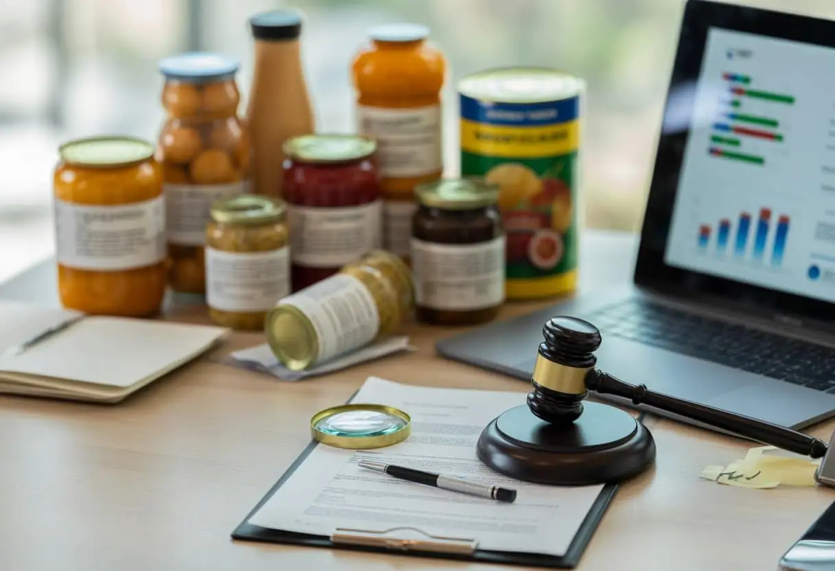 Etikettering van levensmiddelen: waar gaat het juridisch vaak mis? 2 Een bureau met juridische documenten, een hamer en verpakte levensmiddelen die samen het juridisch kader voor etikettering van voedsel voorstellen.