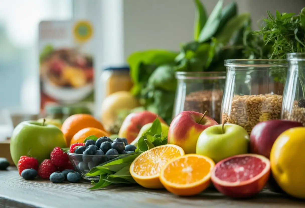 Claims als ‘gezond’ en ‘natuurlijk’: Richtlijnen voor etikettering 1 Een close-up van verse groenten, fruit en granen op een houten tafel met een onscherpe verpakking op de achtergrond.