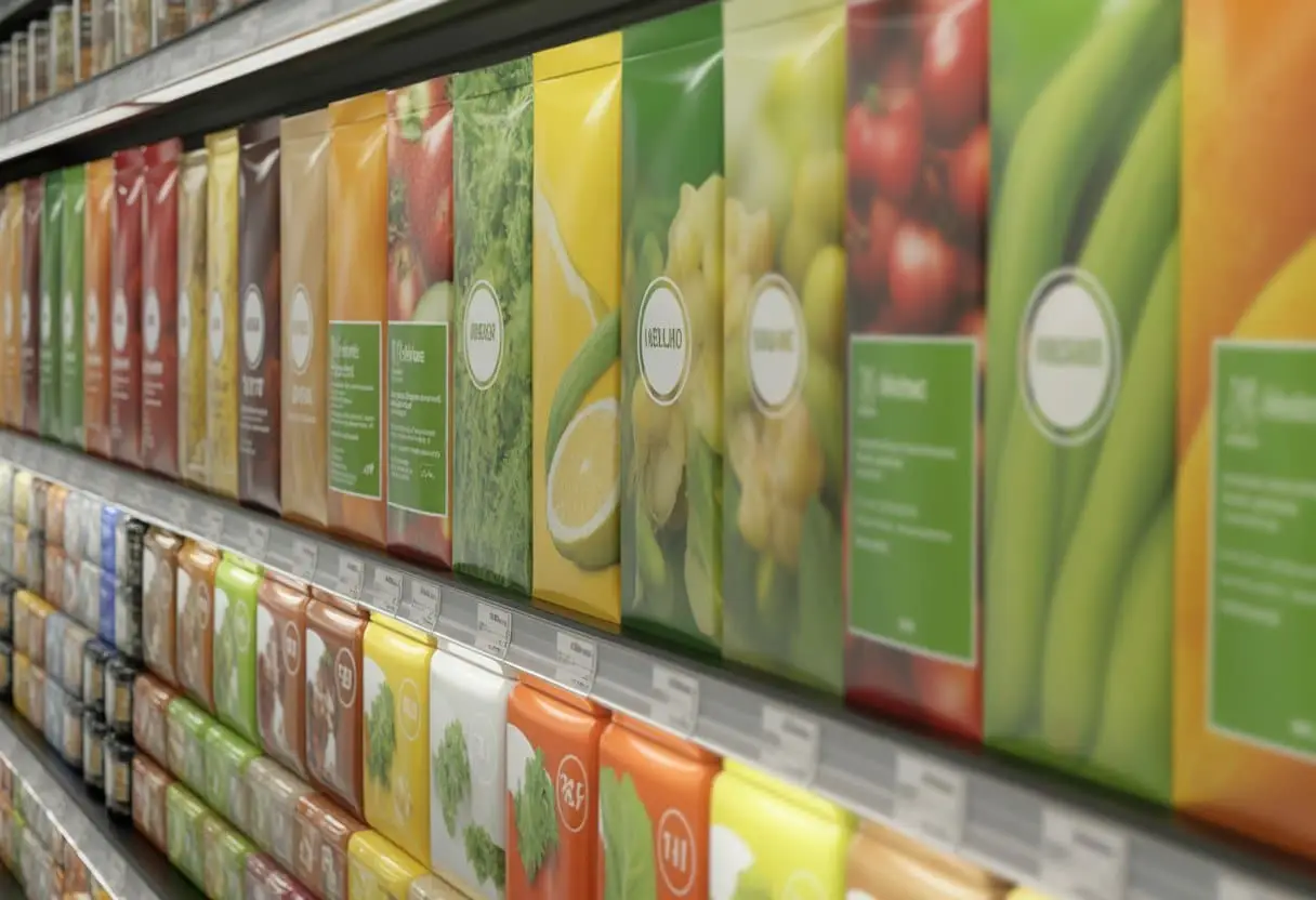 Claims als ‘gezond’ en ‘natuurlijk’: Richtlijnen voor etikettering 2 Close-up van verschillende voedselverpakkingen op een winkelrek met afbeeldingen van verse groenten en fruit.