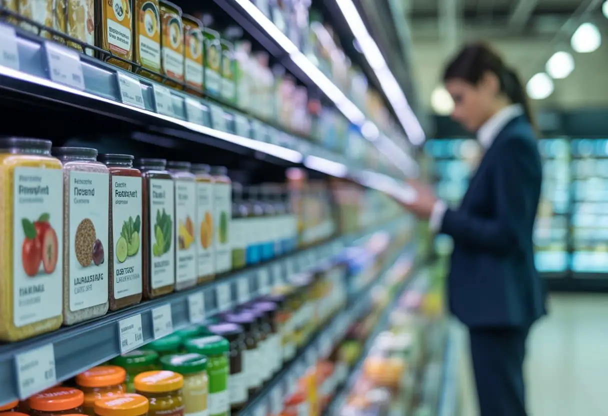Claims als ‘gezond’ en ‘natuurlijk’: Richtlijnen voor etikettering 3 Een persoon bekijkt aandachtig voedselverpakkingen in een supermarkt, met focus op natuurlijke ingrediënten op de etiketten.