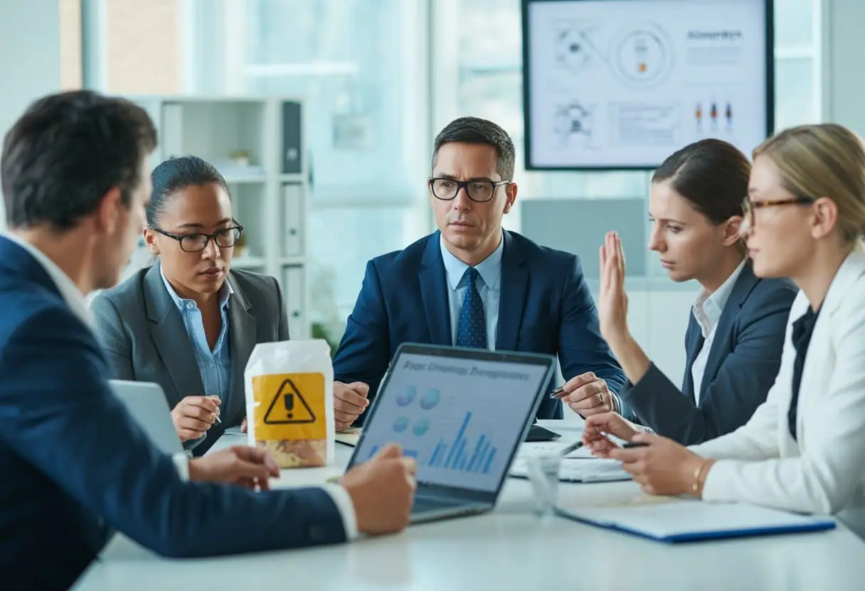 Een groep professionals bespreekt productveiligheid en allergenen tijdens een vergadering in een kantoor.
