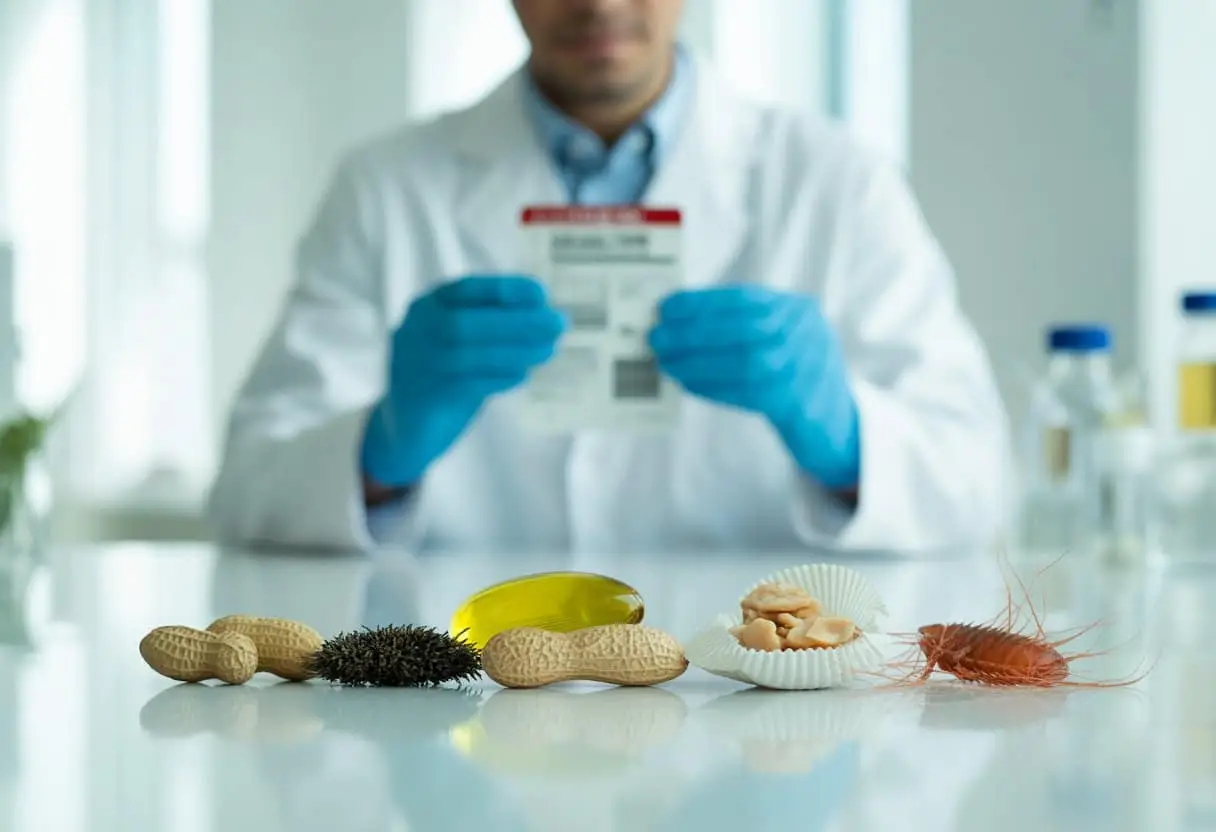Een persoon in een laboratorium onderzoekt een product terwijl allergenen zoals pollen en noten op een tafel liggen.