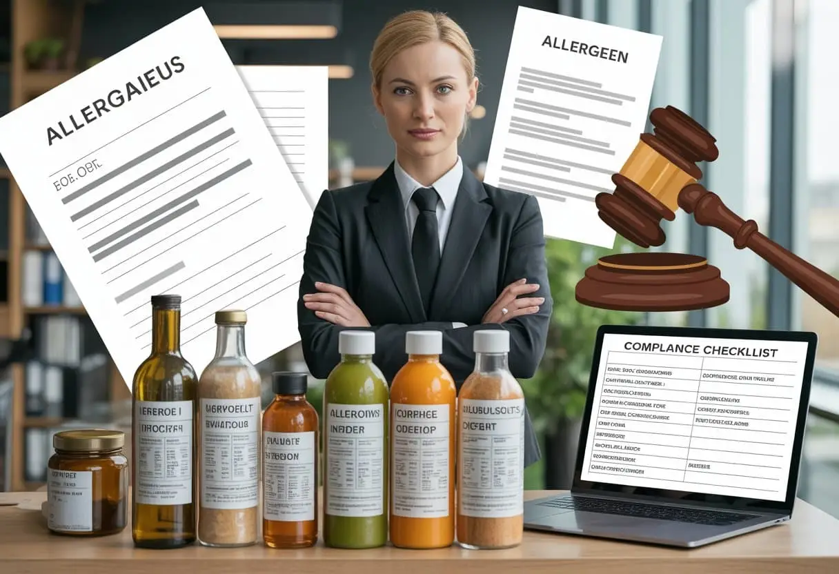 Een zakelijke professional in een kantoor met voedselproducten en juridische documenten die allergeneninformatie en aansprakelijkheid symboliseren.