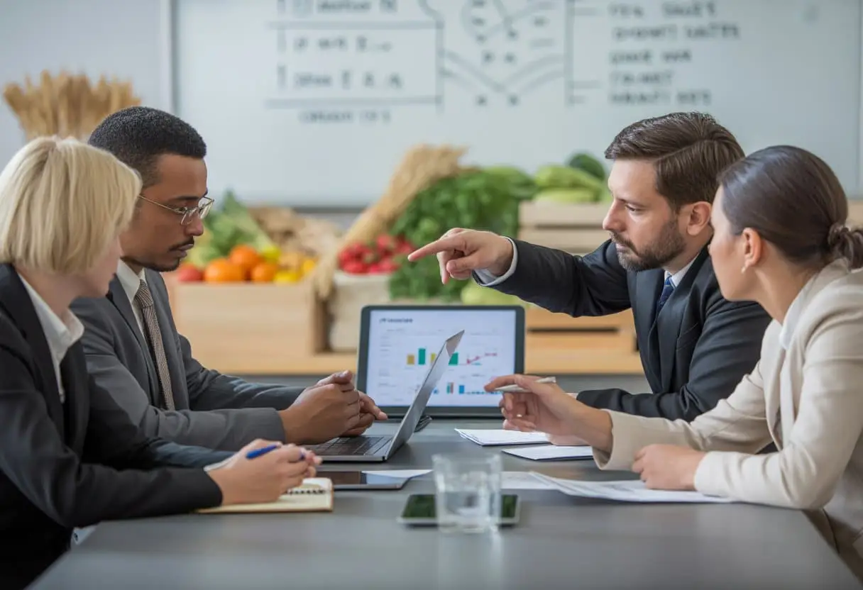 Een groep professionals bespreekt contracten rond voedsel en landbouw in een vergaderruimte met verse producten op de achtergrond.