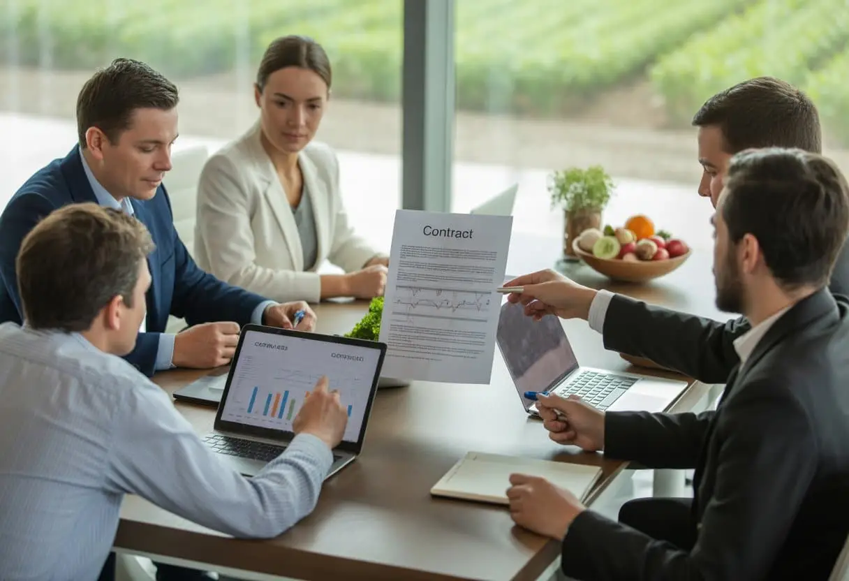 Een groep professionals zit rond een vergadertafel en bespreekt contracten, met op de achtergrond een uitzicht op landbouwgrond en verse groenten op tafel.