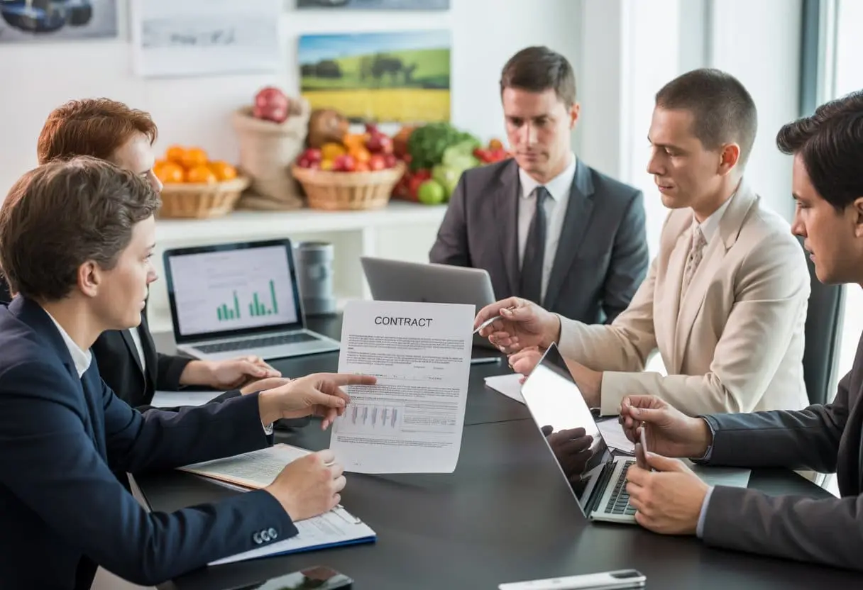 Een groep professionals bespreekt contracten aan een vergadertafel met documenten en laptops, met landbouw- en voedselgerelateerde elementen op de achtergrond.