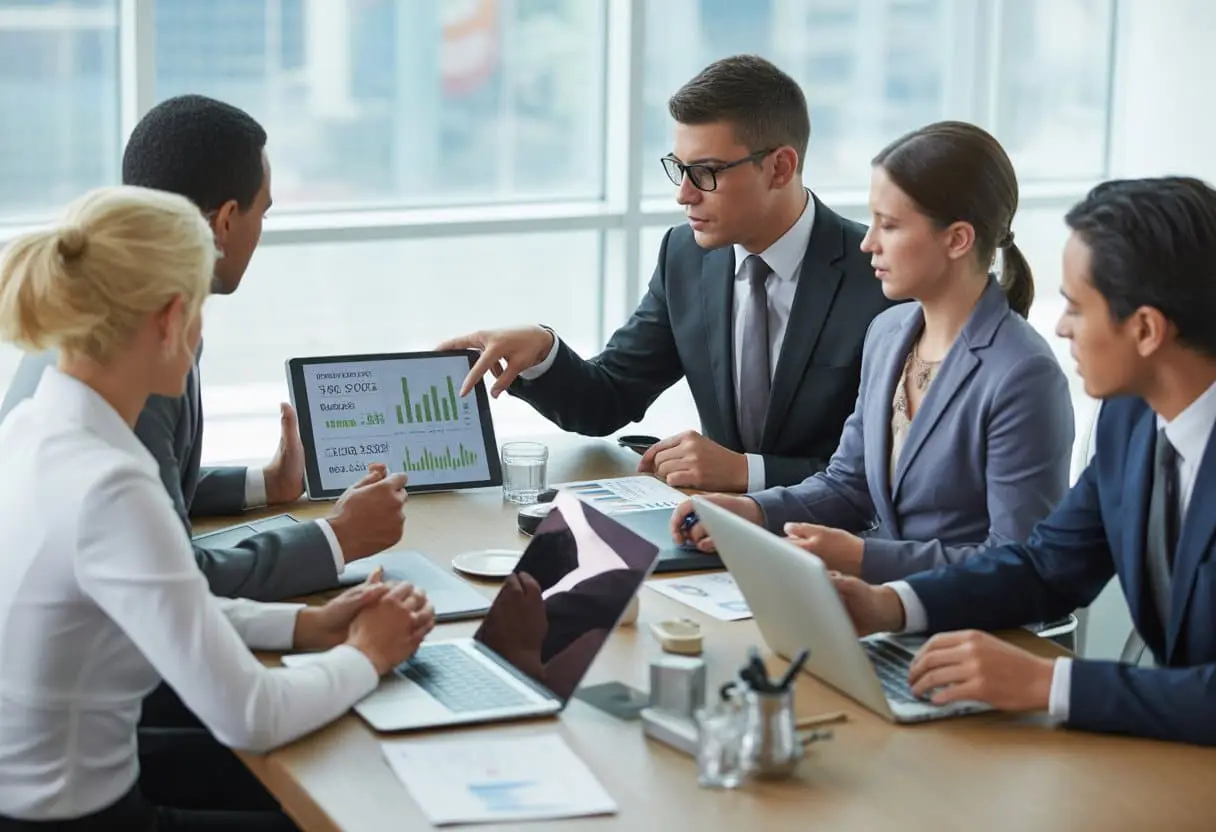 Een groep zakelijke professionals bespreekt contracten en grafieken rond een vergadertafel in een modern kantoor.