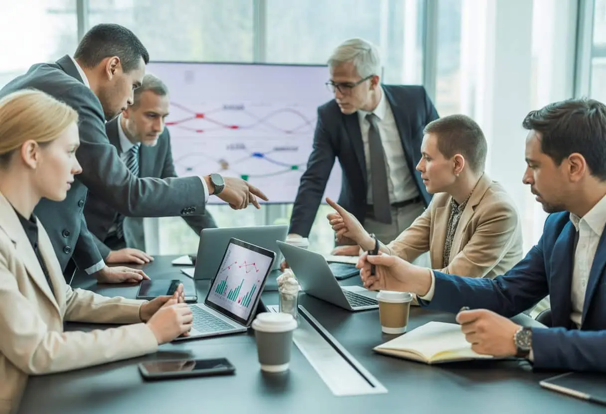 Een groep zakelijke professionals die in een vergaderruimte overlegt met laptops en tablets over prijsaanpassingen en flexibiliteit in contracten.