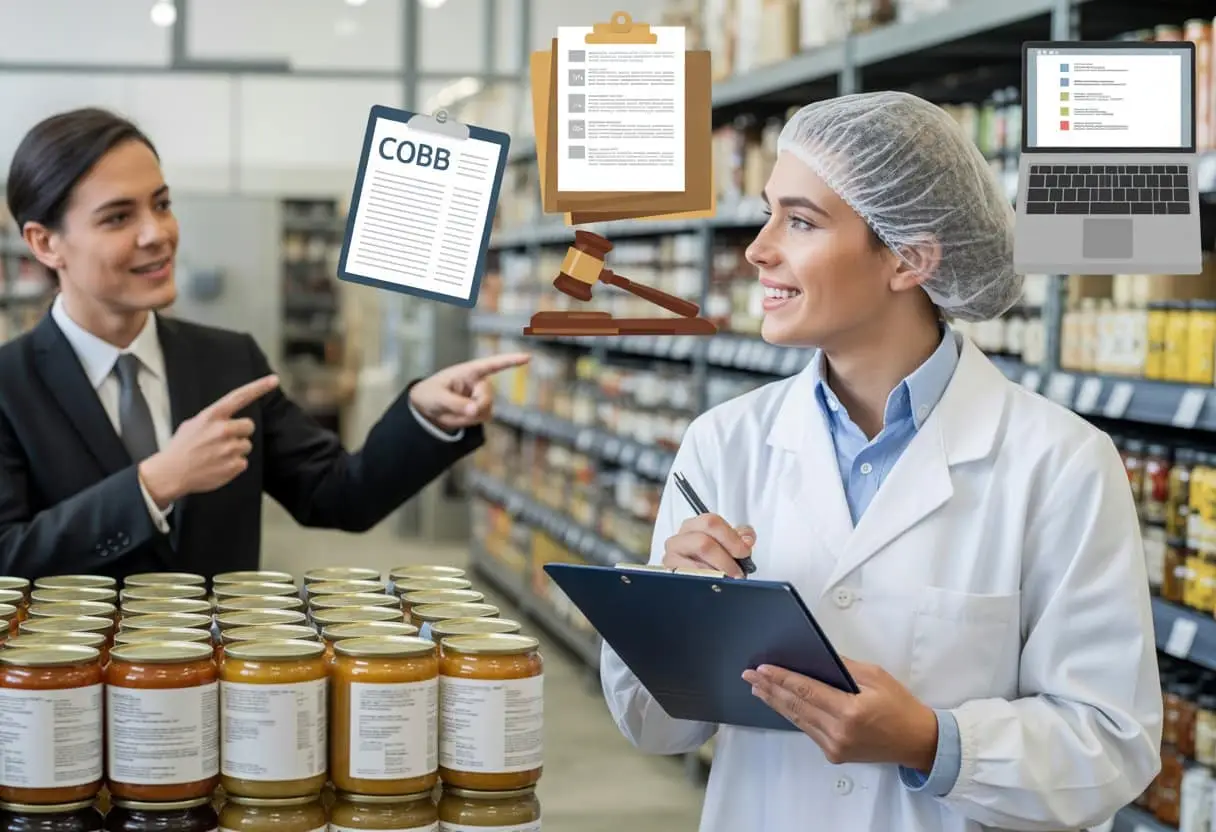 Een producent en een retailer bespreken verpakte voedselproducten in een moderne productieruimte en winkelomgeving.