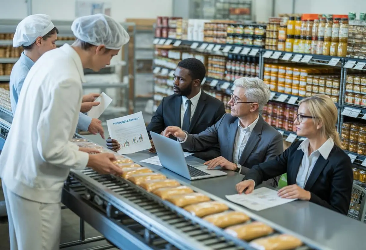 Een moderne voedselproductiefaciliteit met medewerkers die verpakte voedingsmiddelen controleren en een zakelijke bijeenkomst waar producenten en retailers juridische documenten bespreken.