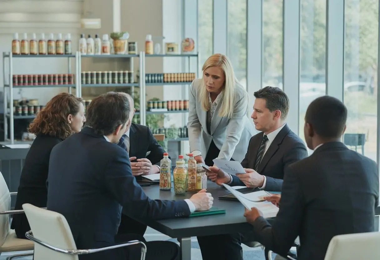Een groep zakelijke professionals bespreekt documenten aan een vergadertafel in een kantoor, gericht op juridische verantwoordelijkheden in de foodsector.