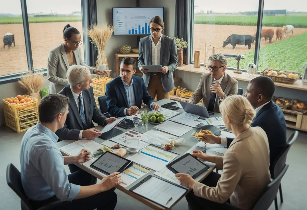 Een groep mensen bespreekt samen documenten in een vergaderruimte met uitzicht op landbouwgrond.