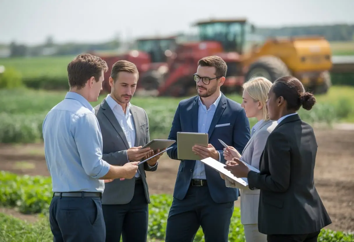 Een groep mensen in een landbouwomgeving bespreekt samen risico’s en afspraken in de toeleveringsketen van voedsel en landbouw.