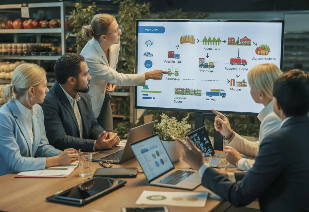 Een groep professionals bespreekt risico’s in de toeleveringsketen van voedsel en landbouw rond een tafel met een digitaal supply chain diagram.
