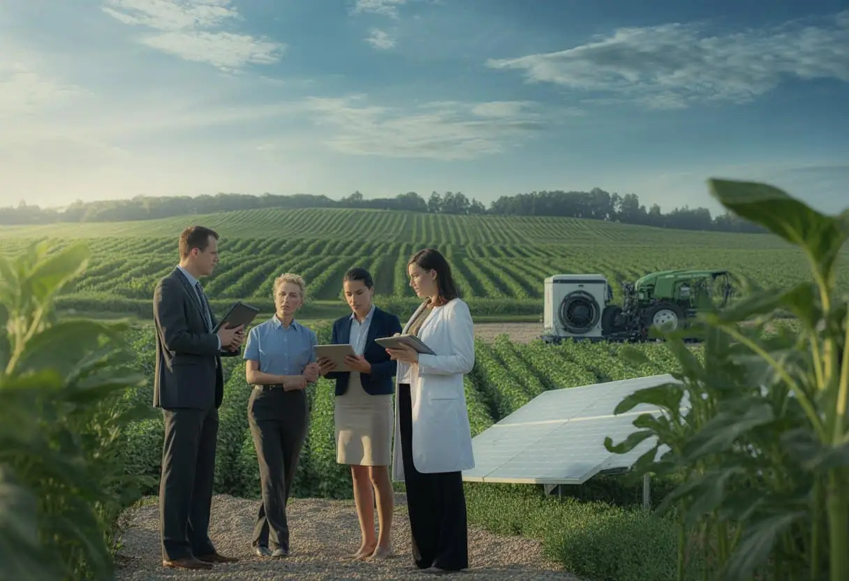 Een groep professionals bespreekt duurzame landbouw op een moderne boerderij met groene velden en zonnepanelen.