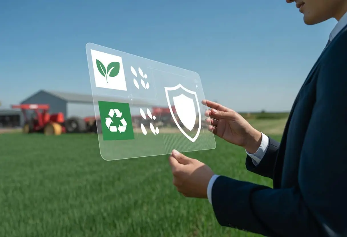 Een professional bekijkt een digitaal scherm met duurzaamheidssymbolen op een landbouwveld met groene gewassen en landbouwmachines op de achtergrond.