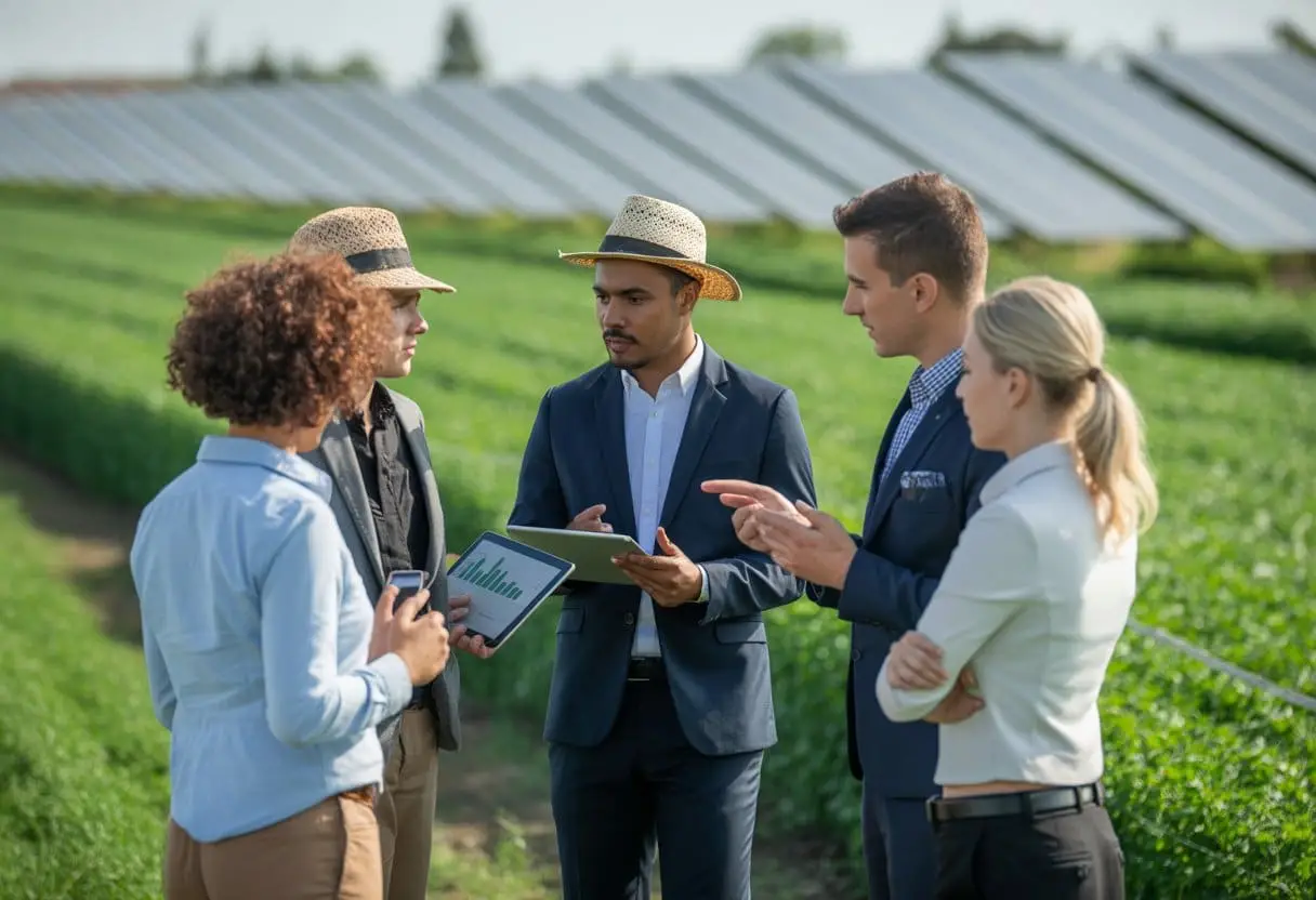 Een groep mensen bespreekt duurzaamheid in de landbouw op een veld met gewassen en zonnepanelen op de achtergrond.