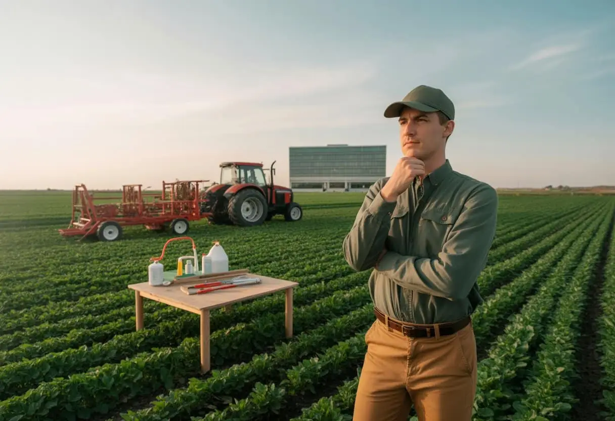 Een agrarische ondernemer staat in een groen veld met landbouwmachines en meetinstrumenten, met op de achtergrond een kantoorgebouw.