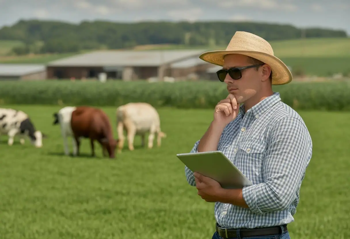Een boer staat in een groen veld met vee op de achtergrond, terwijl hij documenten vasthoudt die verband houden met milieuvergunningen.
