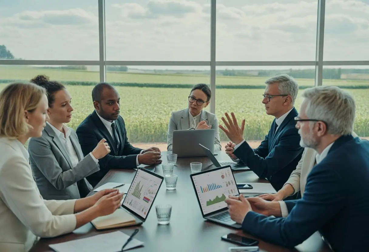 Een groep bestuurders in een vergaderruimte bespreekt duurzaamheidskwesties met een landbouwlandschap zichtbaar door het raam.