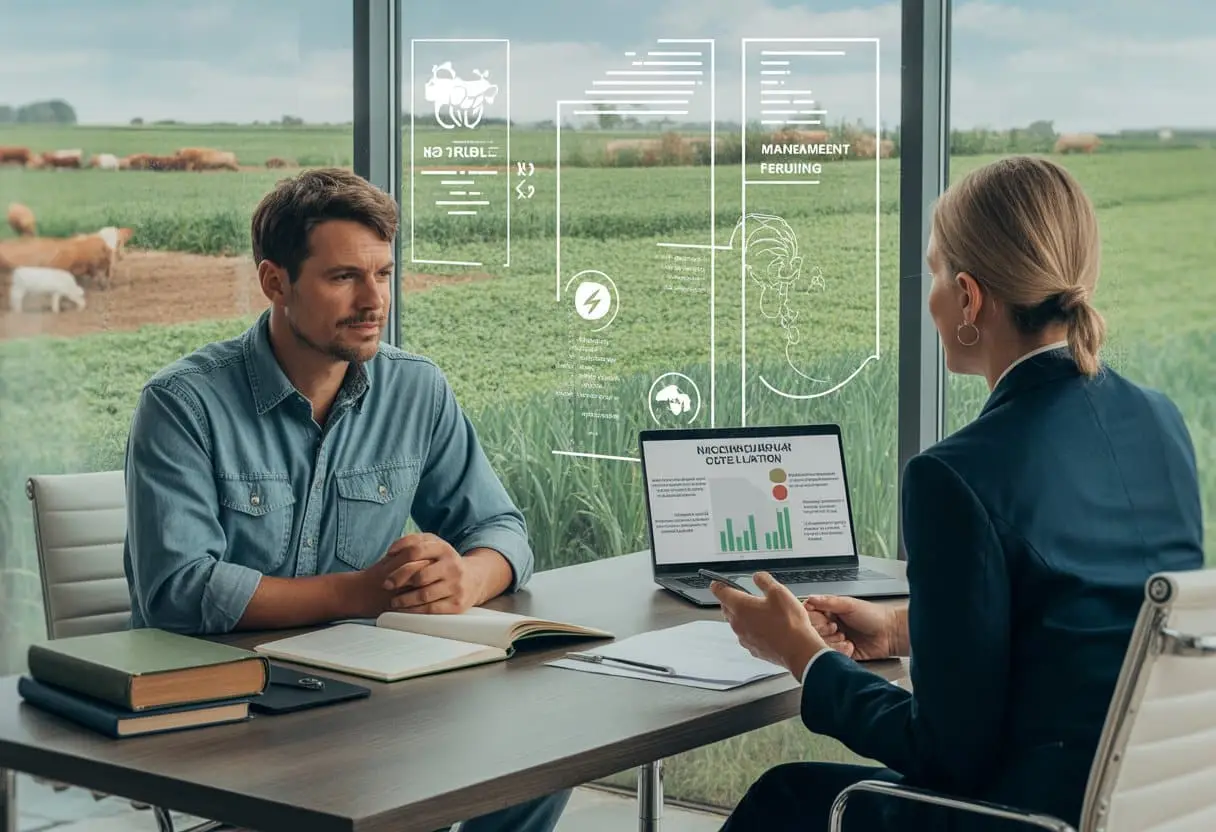 Een agrarische ondernemer en een juridisch adviseur zitten aan een bureau en bespreken documenten, met op de achtergrond een groen landbouwlandschap.