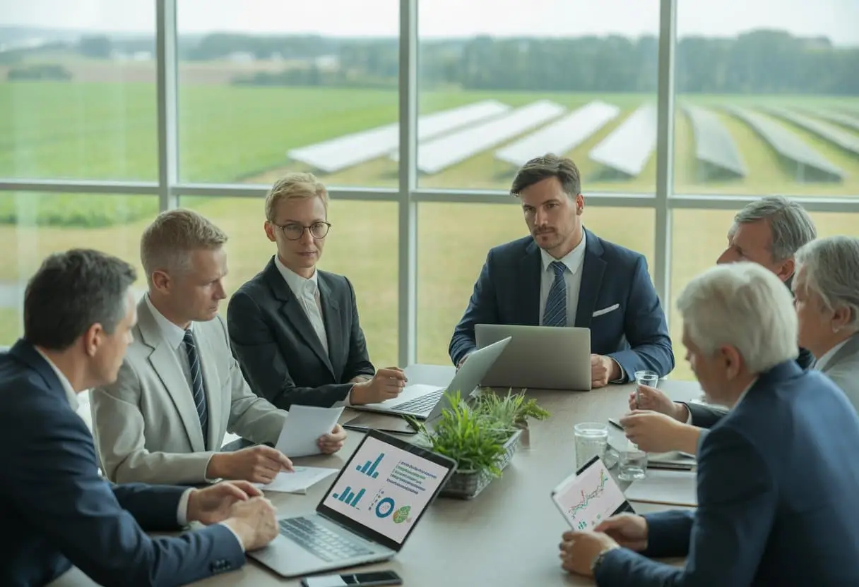 Bestuurders in een vergaderruimte bespreken duurzaamheid en landbouw met uitzicht op groene akkers.