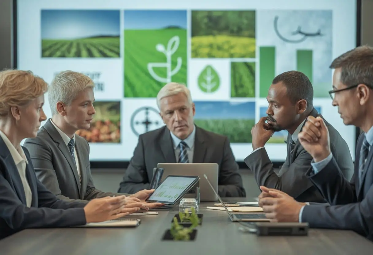 Een groep zakelijke bestuurders bespreekt ESG-regelgeving en zorgplicht in een moderne vergaderruimte met documenten en digitale schermen over landbouw en duurzaamheid.