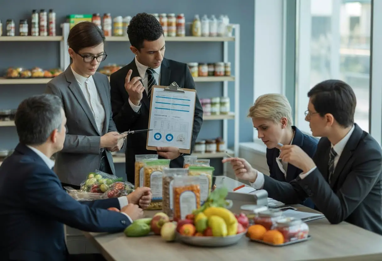 Voedselveiligheid en productaansprakelijkheid: wanneer is de producent aansprakelijk? 1 Een zakelijke vergadering waarbij mensen verpakte voedingsmiddelen en documenten over voedselveiligheid bespreken in een moderne kantooromgeving.