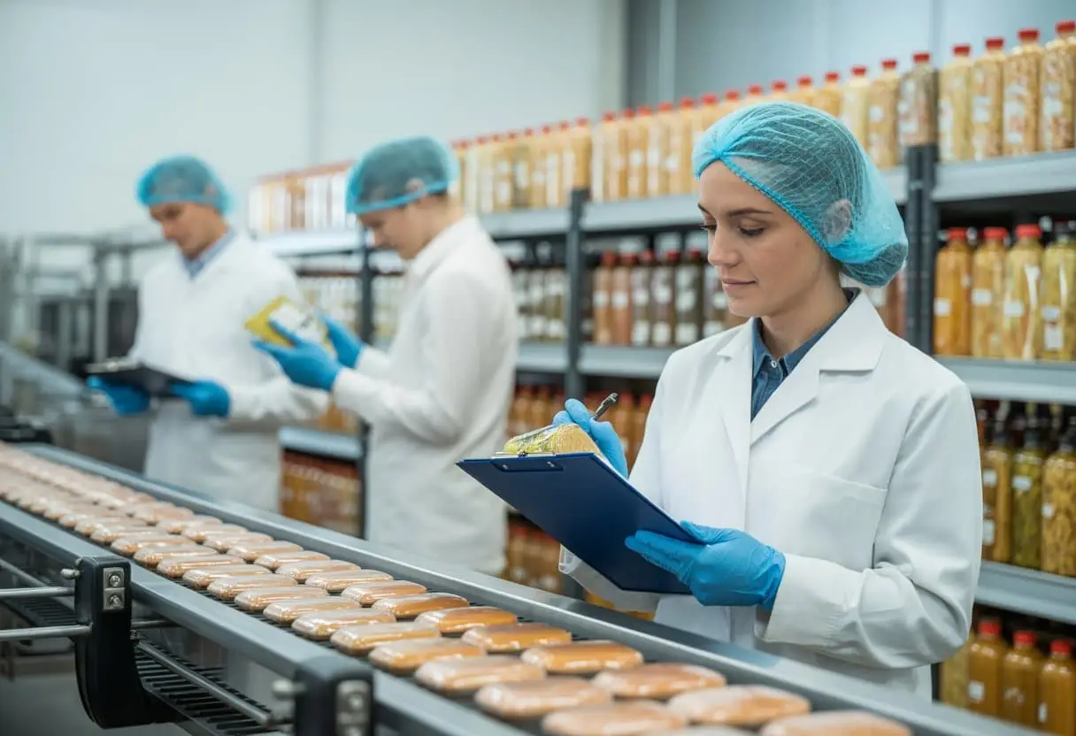Voedselveiligheid en productaansprakelijkheid: wanneer is de producent aansprakelijk? 2 Een kwaliteitscontroleur inspecteert verpakt voedsel in een moderne productiefaciliteit waar werknemers voedselproducten controleren.